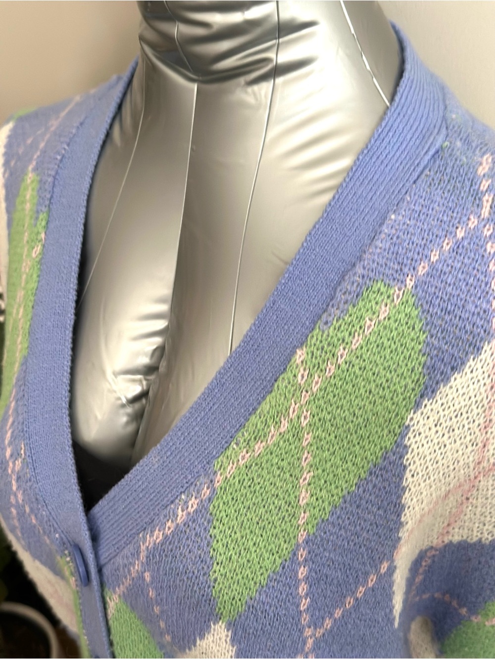 2 for $20 Noisy May Lavender Argyle Button-Front Cardigan with Green and Cream - Picture 5 of 8